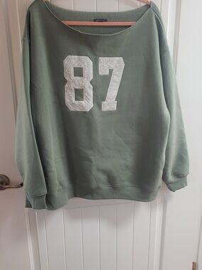 Wild Fable Light Sage Green Off The Shoulder XL Sweatshirt w/ White '87' NWT